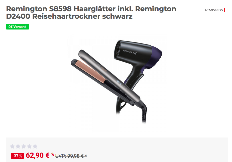 Remington S8598 Haarglätter inkl. Remington D2400 Reisehaartrockner Remington S8598 Haarglätter inkl. Remington D2400 Reisehaartrockner
