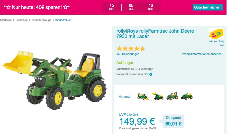 rolly®toys rollyFarmtrac John Deere 7930 Spielzeugtraktor mit Lader - jetzt 14% billiger rolly®toys rollyFarmtrac John Deere 7930 Spielzeugtraktor mit Lader - jetzt 14% billiger