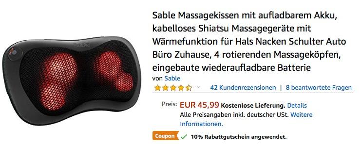 Sable Massagekissen mit Wärmefunktion und aufladbarem Akku - jetzt 10% billiger Sable Massagekissen mit Wärmefunktion und aufladbarem Akku - jetzt 10% billiger