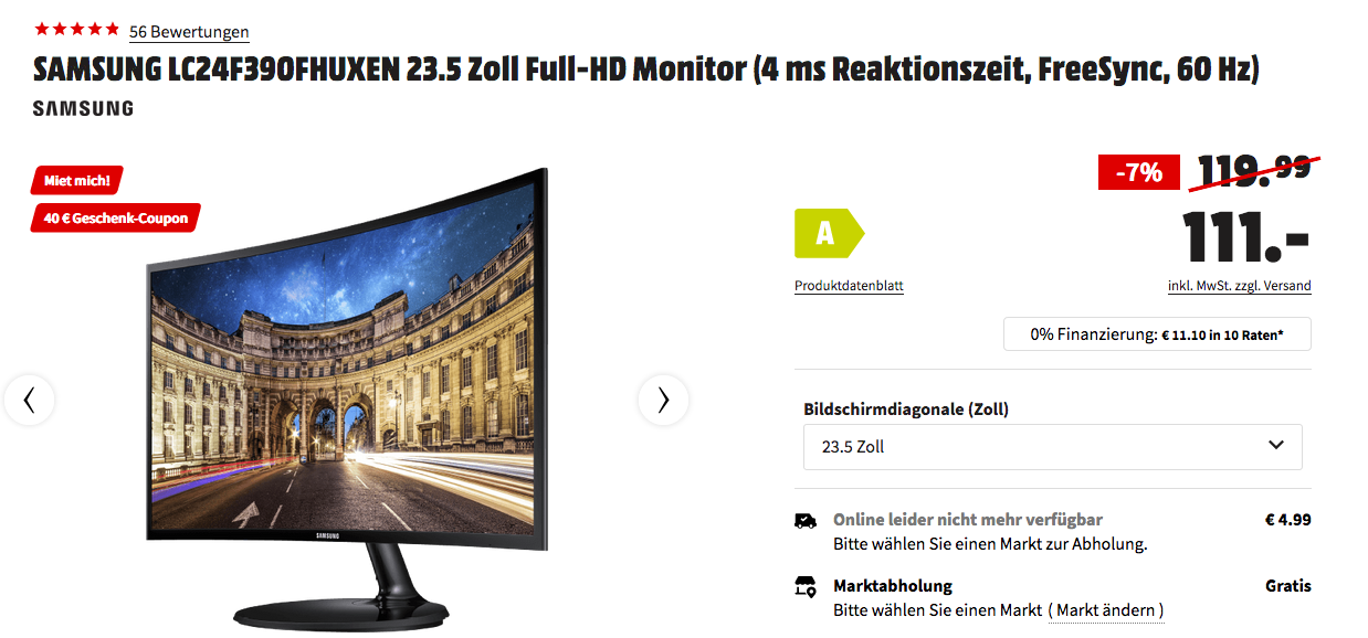 Samsung LC24F390FHUXEN 59,8 cm (23,5 Zoll) Curved Monitor inkl. 40 Geschenk-Coupon Samsung LC24F390FHUXEN 59,8 cm (23,5 Zoll) Curved Monitor inkl. 40 Geschenk-Coupon