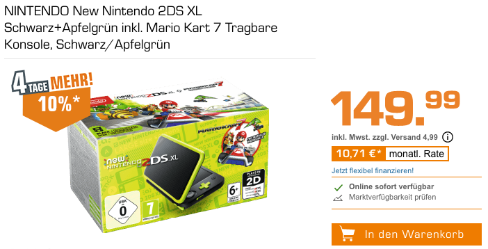 Saturn - 4 Tage Mehr - Aktion: z.B. NINTENDO New Nintendo 2DS XL Schwarz+Apfelgrün inkl. Mario Kart 7 Saturn - 4 Tage Mehr - Aktion: z.B. NINTENDO New Nintendo 2DS XL Schwarz+Apfelgrün inkl. Mario Kart 7