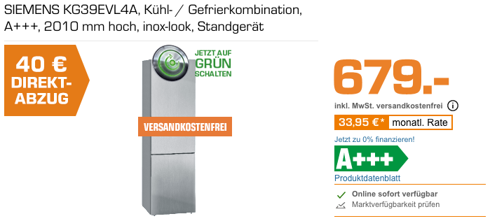 Saturn - Siemens Direktabzug - Aktion: z.B. SIEMENS KG39EVL4A Kühl- / Gefrierkombination, A+++ Saturn - Siemens Direktabzug - Aktion: z.B. SIEMENS KG39EVL4A Kühl- / Gefrierkombination, A+++