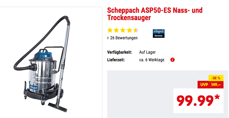 Scheppach ASP50-ES Nass- und Trockensauger, 50 Liter Scheppach ASP50-ES Nass- und Trockensauger, 50 Liter