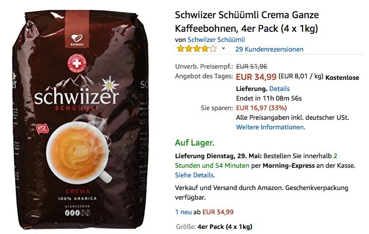 Schwiizer Schüümli Crema Ganze Kaffeebohnen, 4er Pack (4 x 1kg) - jetzt 33% billiger Schwiizer Schüümli Crema Ganze Kaffeebohnen, 4er Pack (4 x 1kg) - jetzt 33% billiger