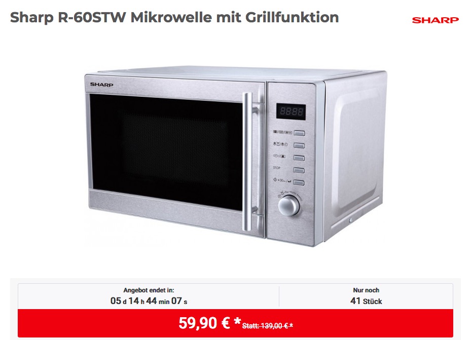 Sharp R-60STW Mikrowelle mit Grillfunktion - jetzt 25% billiger Sharp R-60STW Mikrowelle mit Grillfunktion - jetzt 25% billiger