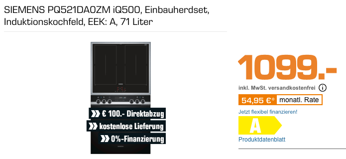 SIEMENS PQ521DA0ZM iQ500 Einbauherdset (Induktionskochfeld, EEK: A, 71 Liter) SIEMENS PQ521DA0ZM iQ500 Einbauherdset (Induktionskochfeld, EEK: A, 71 Liter)