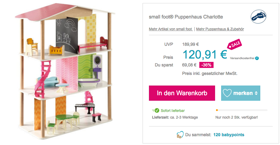 small foot® Holz Puppenhaus Charlotte inkl. 12 Einrichtungsgegenstände, 78 x 40 x 85 cm small foot® Holz Puppenhaus Charlotte inkl. 12 Einrichtungsgegenstände, 78 x 40 x 85 cm