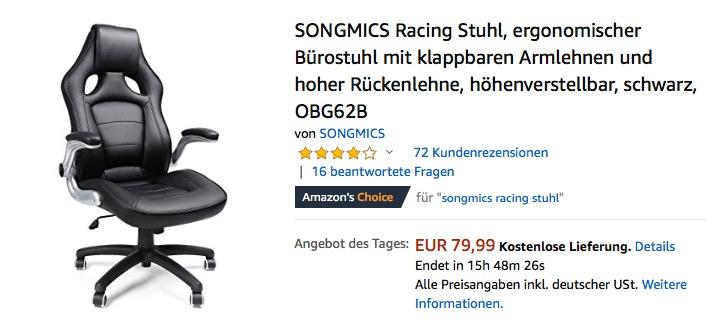 SONGMICS Racing Stuhl/Bürostuhl mit klappbaren Armlehnen, Schwarz (OBG62B) - jetzt 20% billiger SONGMICS Racing Stuhl/Bürostuhl mit klappbaren Armlehnen, Schwarz (OBG62B) - jetzt 20% billiger