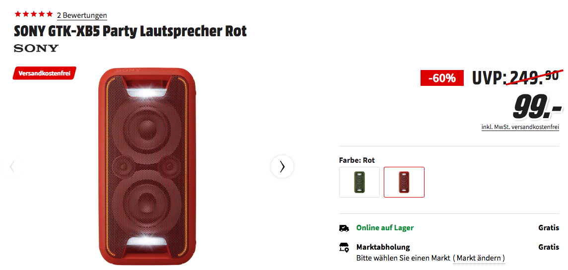 SONY GTK-XB5 200 Watt Bluetooth Party-Soundsystem, rot oder grün SONY GTK-XB5 200 Watt Bluetooth Party-Soundsystem, rot oder grün