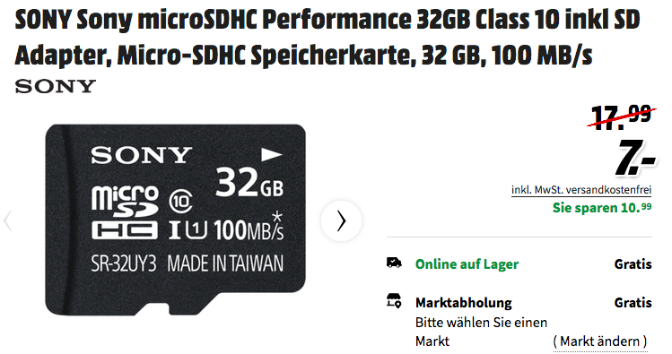 Sony microSDHC Performance 32GB Speicherkarte, Class 10 inkl SD Adapter Sony microSDHC Performance 32GB Speicherkarte, Class 10 inkl SD Adapter