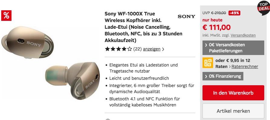 Sony WF-1000X True Wireless Kopfhörer inkl. Lade-Etui (Noise Cancelling, Bluetooth, NFC) - jetzt 23% billiger Sony WF-1000X True Wireless Kopfhörer inkl. Lade-Etui (Noise Cancelling, Bluetooth, NFC) - jetzt 23% billiger