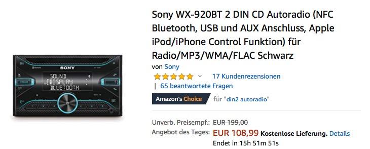 Sony WX-920BT 2 DIN CD Autoradio - jetzt 19% billiger Sony WX-920BT 2 DIN CD Autoradio - jetzt 19% billiger