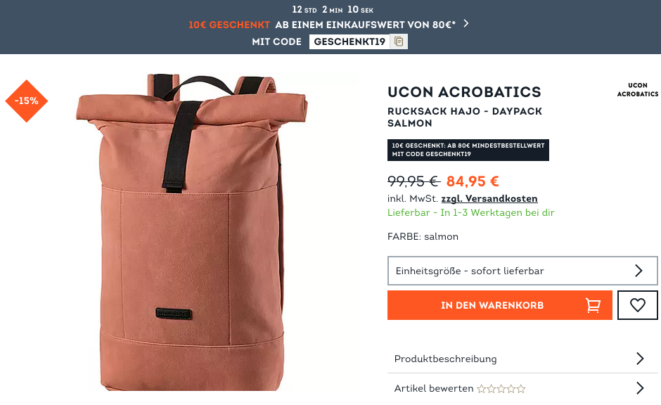 SportScheck.com - 10 geschenkt ab Mindestbestellwert von 80: z.B. Ucon Acrobatics Rucksack Hajo - Daypack salmon SportScheck.com - 10 geschenkt ab Mindestbestellwert von 80: z.B. Ucon Acrobatics Rucksack Hajo - Daypack salmon