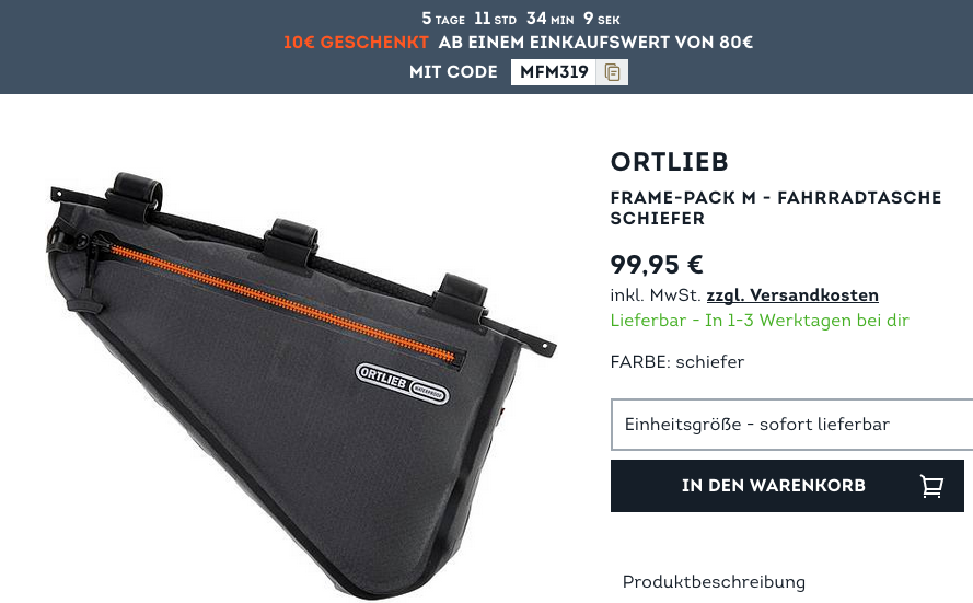 SportScheck.com - 10 Rabatt ab 80 Mindestbestellwert: z.B. ORTLIEB Frame-Pack M Fahrradtasche SportScheck.com - 10 Rabatt ab 80 Mindestbestellwert: z.B. ORTLIEB Frame-Pack M Fahrradtasche