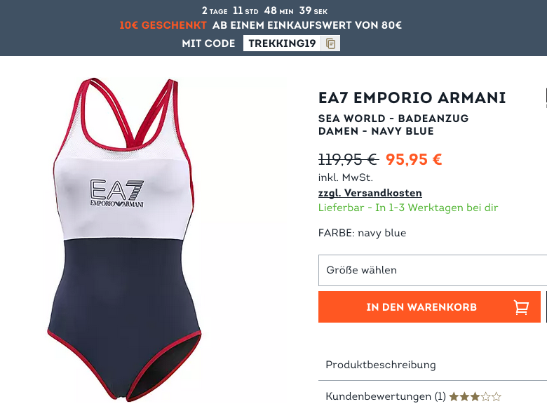 SportScheck.com - 10 Rabatt ab 80 Mindestbestellwert: z.B. EA7 Emporio ArmaniSea World Damen Badeanzug, navy blue SportScheck.com - 10 Rabatt ab 80 Mindestbestellwert: z.B. EA7 Emporio ArmaniSea World Damen Badeanzug, navy blue