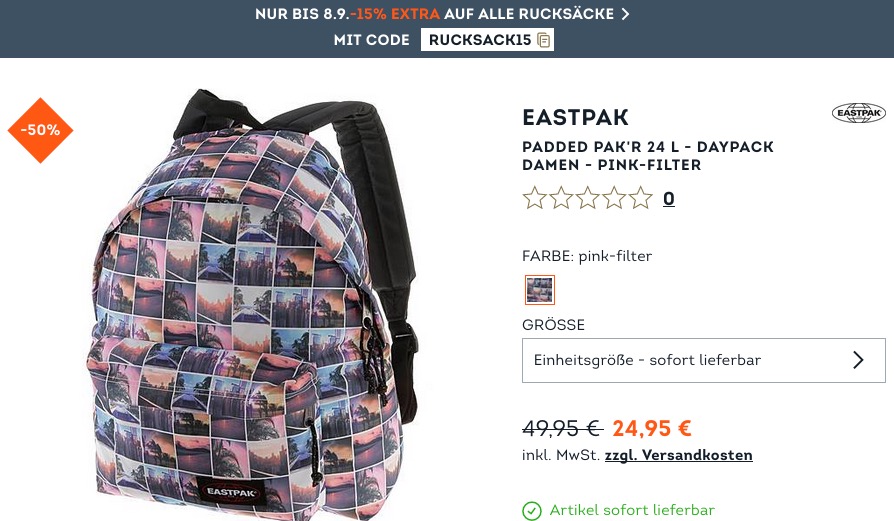SportScheck.com 15 % extra Rabatt auf alle Rucksäcke: z.B. Eastpak Padded Pak'R Rucksack pink-filter SportScheck.com 15 % extra Rabatt auf alle Rucksäcke: z.B. Eastpak Padded Pak'R Rucksack pink-filter