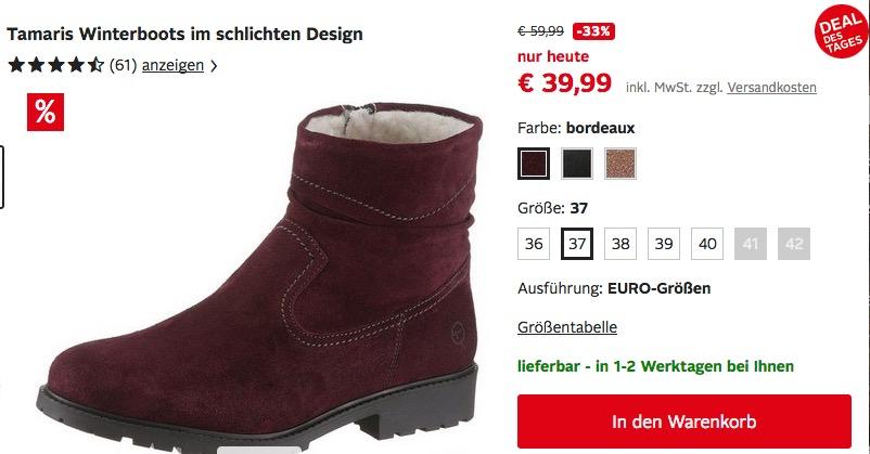 Tamaris Winterboots im schlichten Design (Bordeaux, Schwarz oder Taupe) - jetzt 30% billiger Tamaris Winterboots im schlichten Design (Bordeaux, Schwarz oder Taupe) - jetzt 30% billiger