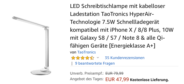TaoTronics TT-DL044 LED Schreibtischlampe mit Qi-Ladepad TaoTronics TT-DL044 LED Schreibtischlampe mit Qi-Ladepad