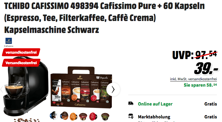 Tchibo Cafissimo 498394 Pure Kaffeekapselmaschine in Schwarz inkl. 60 Kapseln Tchibo Cafissimo 498394 Pure Kaffeekapselmaschine in Schwarz inkl. 60 Kapseln