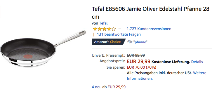 Tefal E85606 28 cm Jamie Oliver Edelstahl Pfanne mit Thermo-Spot Tefal E85606 28 cm Jamie Oliver Edelstahl Pfanne mit Thermo-Spot