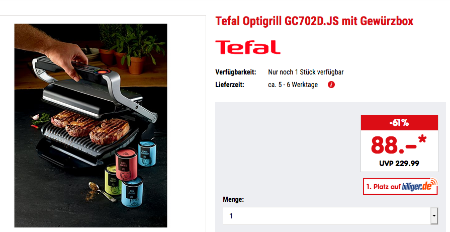 Tefal Optigrill GC702D.JS mit 4-teiliger Gewürzbox, 2000 Watt Tefal Optigrill GC702D.JS mit 4-teiliger Gewürzbox, 2000 Watt