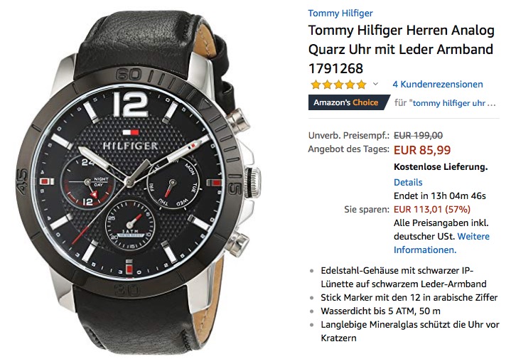 Tommy Hilfiger 1791268 Herren Analog Quarzuhr mit Lederarmband - jetzt 52% billiger Tommy Hilfiger 1791268 Herren Analog Quarzuhr mit Lederarmband - jetzt 52% billiger