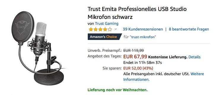 Trust GXT 252 Emita Professionelles USB Studio Mikrofon (21753) - jetzt 32% billiger Trust GXT 252 Emita Professionelles USB Studio Mikrofon (21753) - jetzt 32% billiger