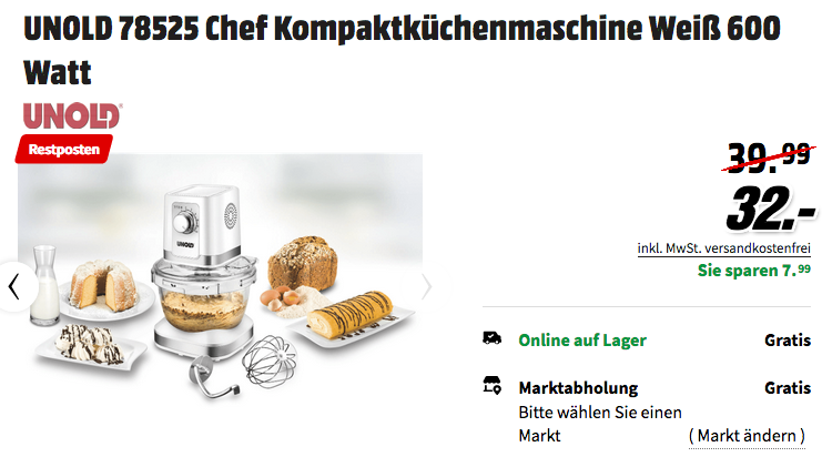 UNOLD 78525 Chef Kompaktküchenmaschine, 600 Watt UNOLD 78525 Chef Kompaktküchenmaschine, 600 Watt