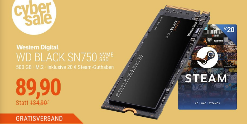 WD Black SN750 High-Performance NVMe M.2 Gaming 500GB interne SSD-Festplatte + 20 Steam Guthaben WD Black SN750 High-Performance NVMe M.2 Gaming 500GB interne SSD-Festplatte + 20 Steam Guthaben