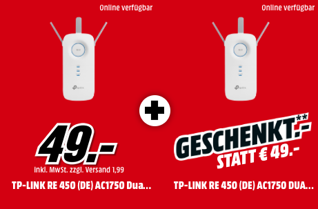 WLAN Repeater TP-LINK RE450 Gigabit (AC1750-Dualband), 2er Set WLAN Repeater TP-LINK RE450 Gigabit (AC1750-Dualband), 2er Set