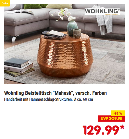 Wohnling Couchtisch MAHESH Ø 60 cm, kupfer oder gold Wohnling Couchtisch MAHESH Ø 60 cm, kupfer oder gold